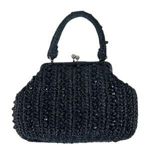 Vintage Marcus Brothers Handbag Black Beaded Crochet Top Handle Evening 50s Glam